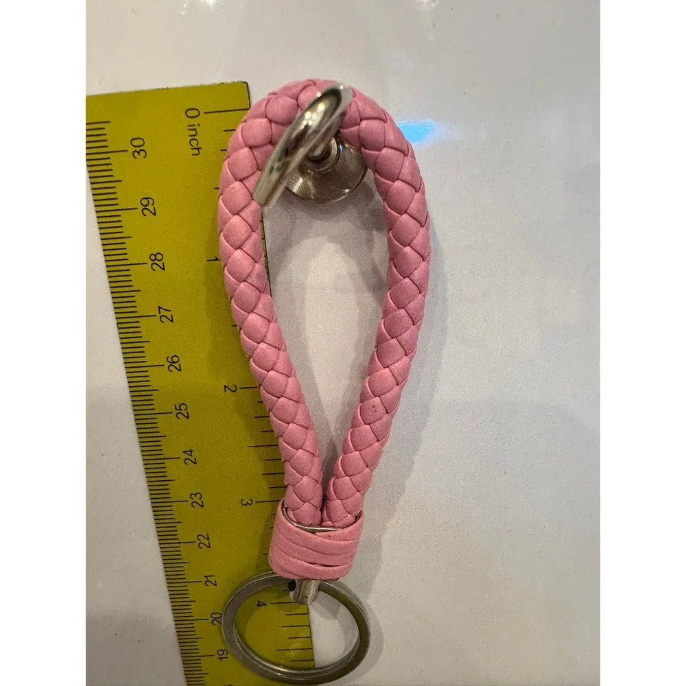Pink Braided Wristlet Keychain Woven Loop Faux Leather Key Ring Silver Hardware